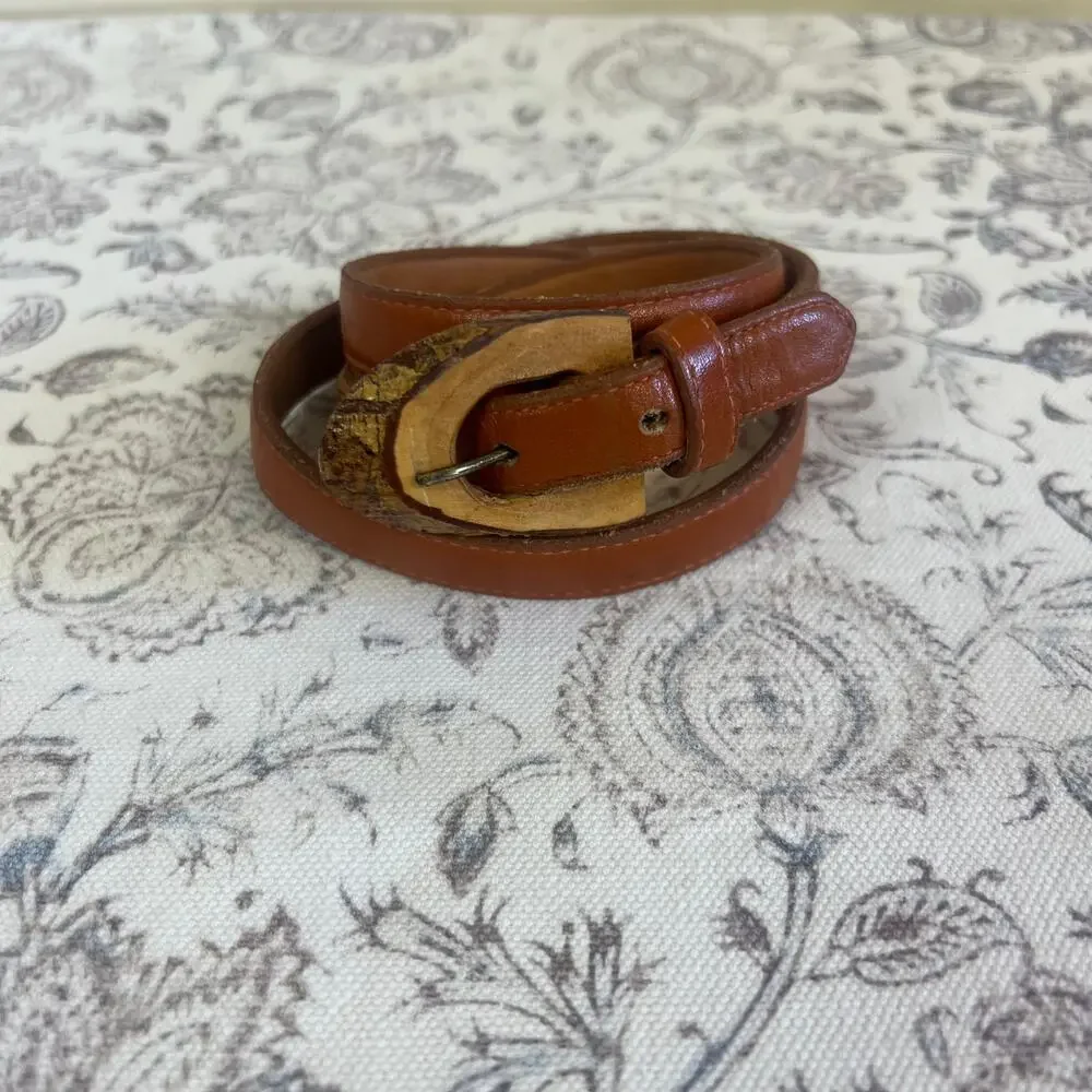 Leather Belt Vintage Brown Unique Raw Wooden Buckle thin 70s Cottage Core Sz 30